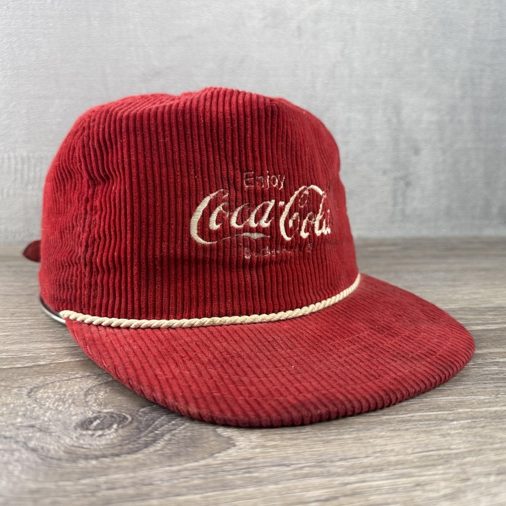 Vintage DeLong Hat Cap Strap Back Red Corduroy Coca-Cola Large Mens 90s